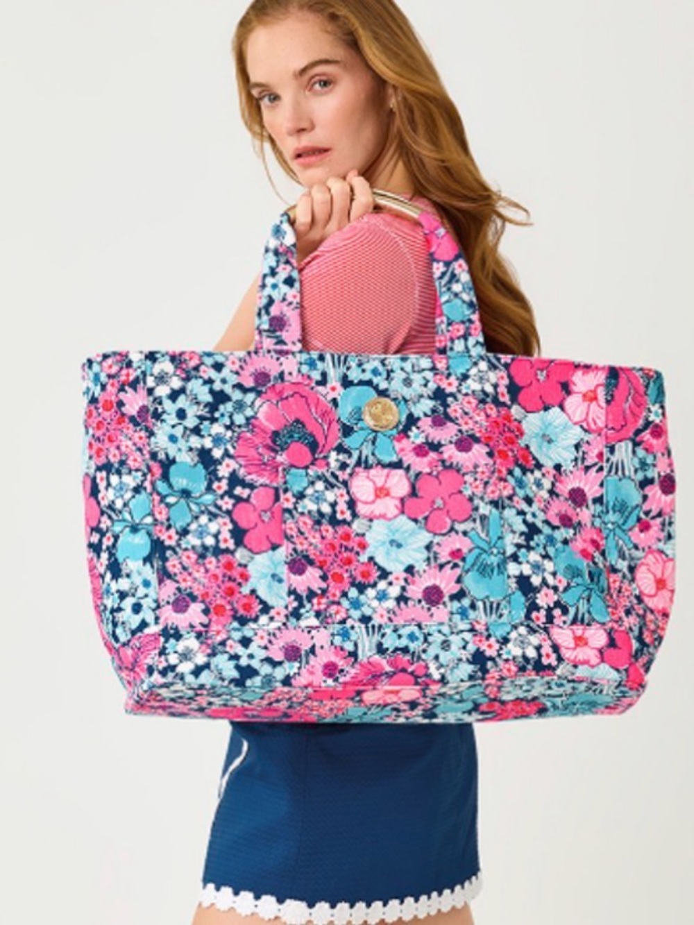 NWT Lilly Pulitzer Jumbo Mercato Tote Starlight Navy In All Her Glory